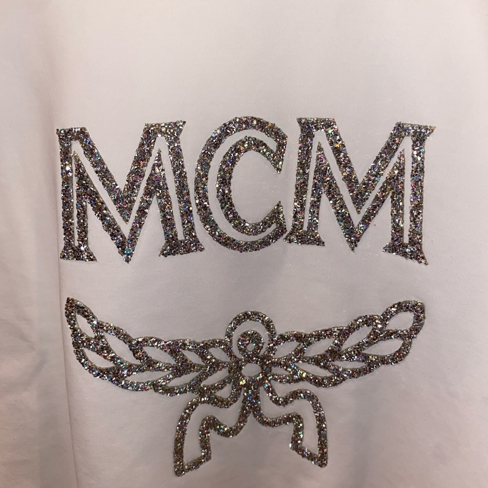 MCM White Crewneck with Glitter Silver Logo